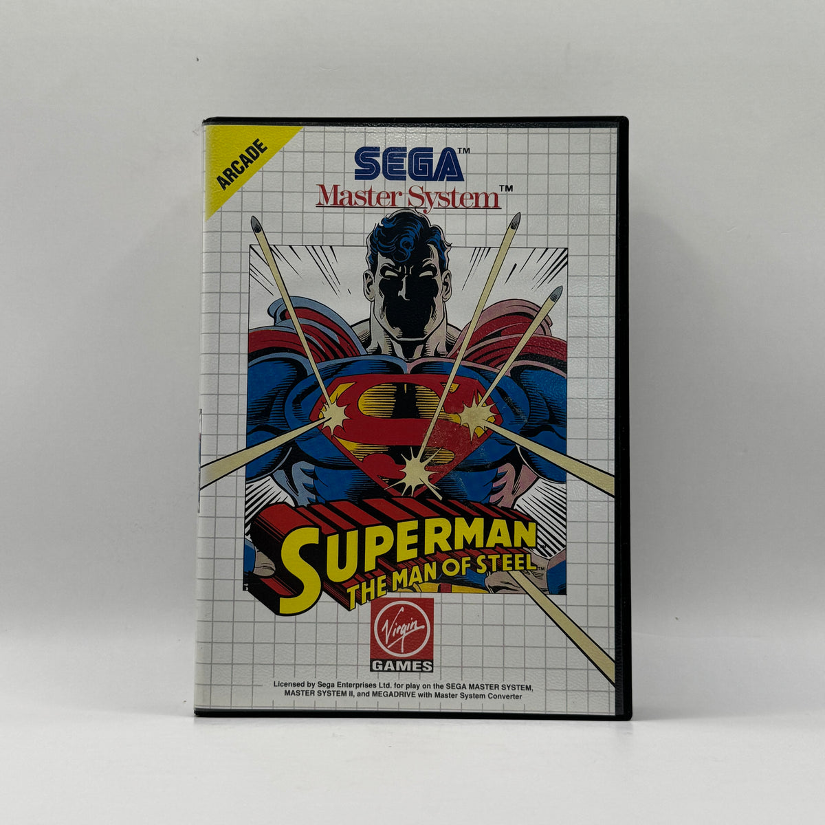 Spielmodul des Sega Master System II-Spiels Superman, ein Actionspiel, in dem Spieler als Superman verschiedene Level meistern, Gegner bekämpfen und seine Superkräfte einsetzen.
