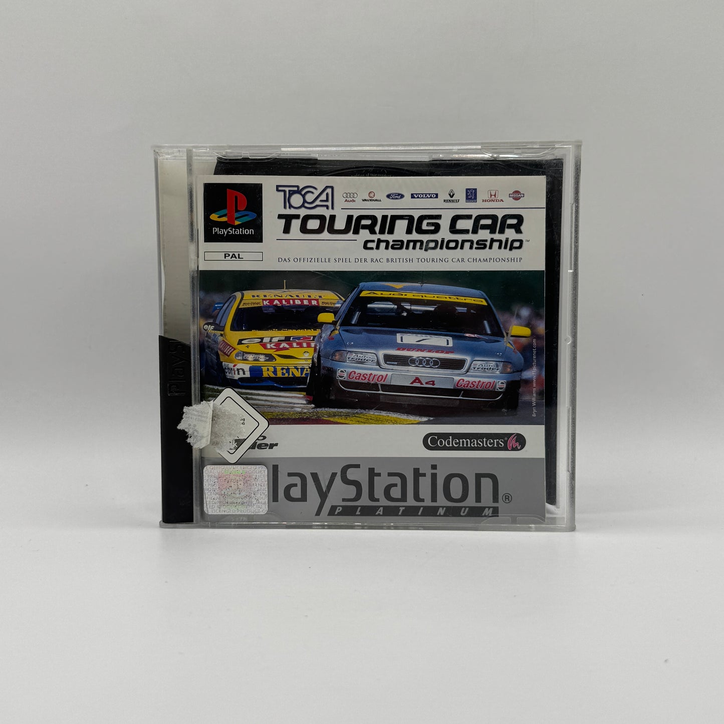 Verpackung des PS1-Spiels TOCA: Touring Car Championship, ein realistisches Rennspiel mit offiziellen Tourenwagen, Strecken und Meisterschaften der britischen Touring-Car-Serie.