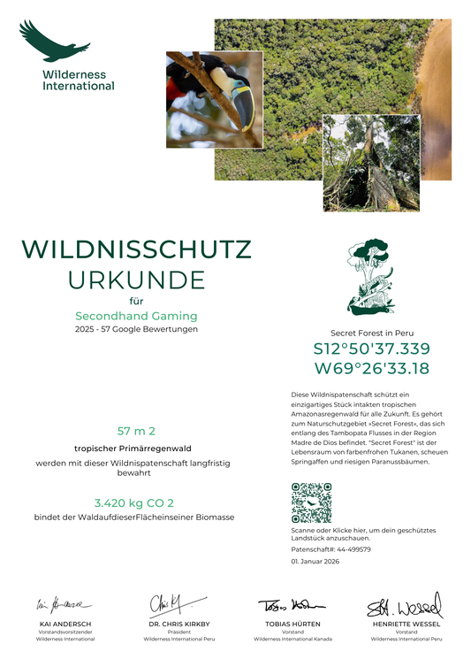 Wildnisschutz Urkunde für Secondhand Gaming