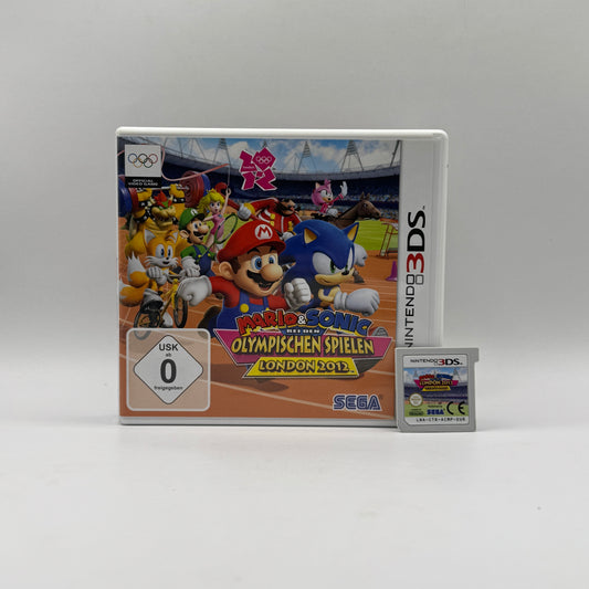 Verpackung des Nintendo 3DS-Spiels Mario & Sonic bei den Olympischen Spielen: London 2012, ein Sportspiel, in dem Spieler als Charaktere aus Mario- und Sonic-Universum an olympischen Disziplinen teilnehmen.