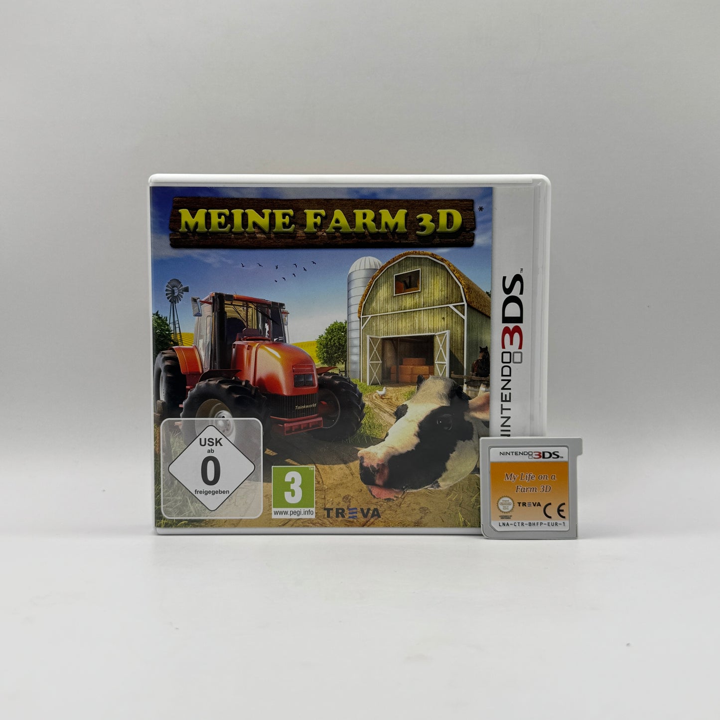 Verpackung des Nintendo 3DS-Spiels Meine Farm 3D, ein Simulationsspiel, in dem Spieler ihre eigene Farm aufbauen, Tiere versorgen und Pflanzen anbauen.