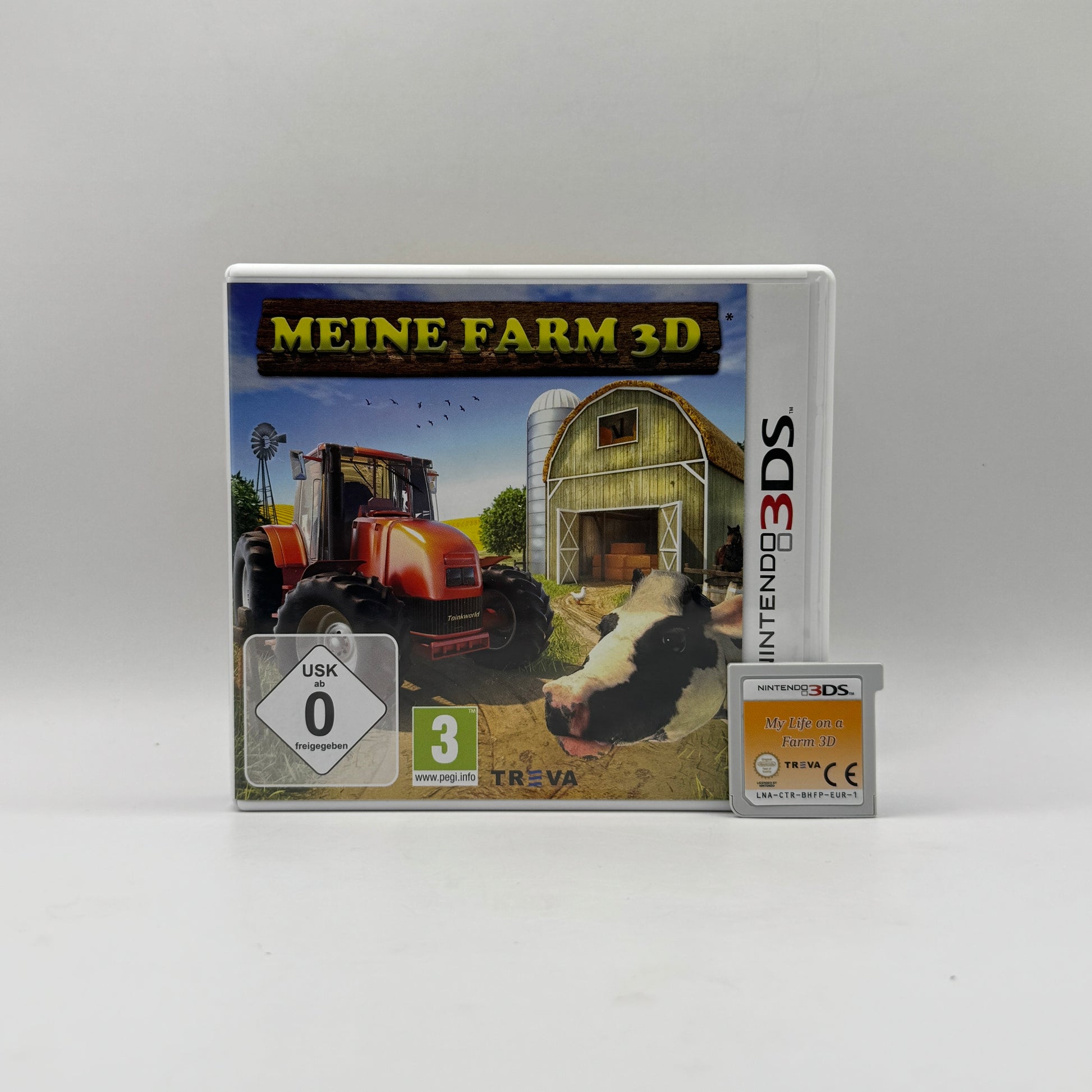 Verpackung des Nintendo 3DS-Spiels Meine Farm 3D, ein Simulationsspiel, in dem Spieler ihre eigene Farm aufbauen, Tiere versorgen und Pflanzen anbauen.