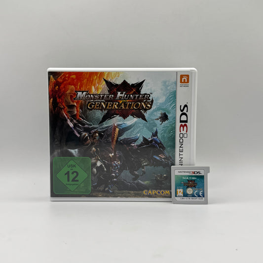 erpackung des Nintendo 3DS-Spiels Monster Hunter Generations, ein Action-Rollenspiel, in dem Spieler als Jäger riesige Monster bekämpfen, Ressourcen sammeln und ihre Ausrüstung verbessern.
