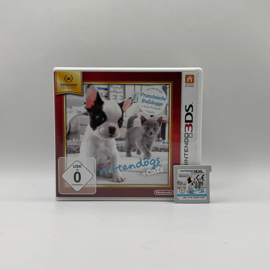 Verpackung des Nintendo 3DS-Spiels Nintendogs + Cats, ein Simulationsspiel, in dem Spieler Hunde und Katzen adoptieren, pflegen, trainieren und mit ihnen spielen können.