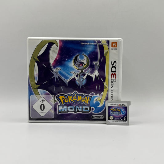 Verpackung des Nintendo 3DS-Spiels Pokémon Mond, ein Rollenspiel, in dem Spieler als Trainer Pokémon fangen, trainieren und gegen andere Trainer kämpfen, um der Champion der Alola-Region zu werden.