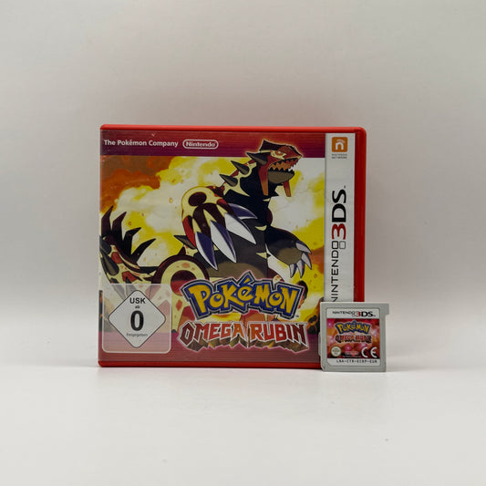 Verpackung des Nintendo 3DS-Spiels Pokémon Omega Rubin, ein Rollenspiel, in dem Spieler als Trainer Pokémon fangen, trainieren und gegen andere Trainer in der Hoenn-Region kämpfen.