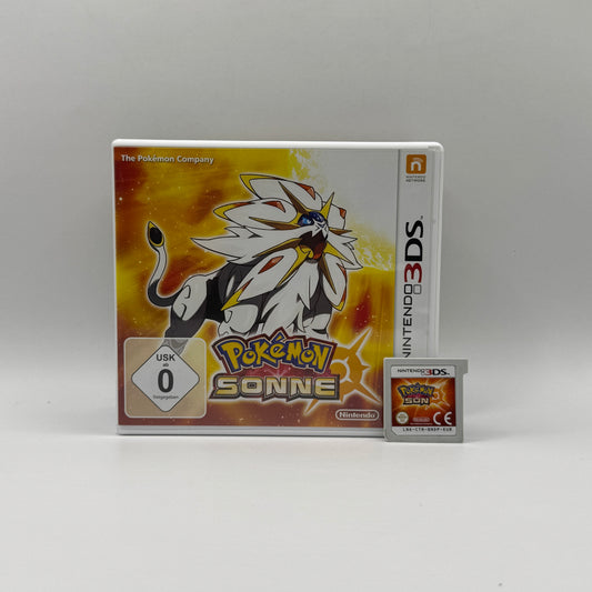 Verpackung des Nintendo 3DS-Spiels Pokémon Sonne, ein Rollenspiel, in dem Spieler als Trainer Pokémon fangen, trainieren und in der Alola-Region gegen andere Trainer antreten, um Champion zu werden.