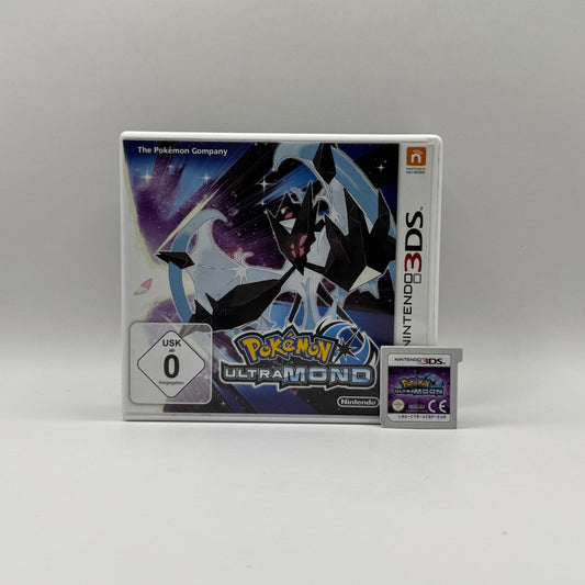 Verpackung des Nintendo 3DS-Spiels Pokémon Ultramond, ein Rollenspiel, in dem Spieler als Trainer Pokémon fangen, trainieren und gegen andere Trainer in der Alola-Region antreten, um die Pokémon-Liga zu meistern.