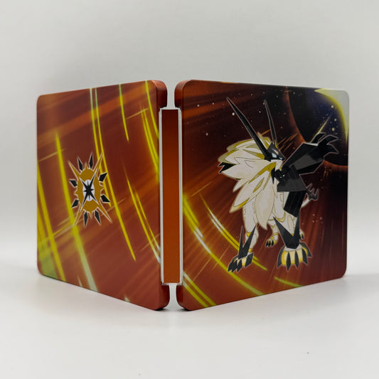 Steelbook des Nintendo 3DS-Spiels Pokémon Ultrasonne ohne Spielmodul, mit Artwork zur Alola-Region und Pokémon-Motiven.