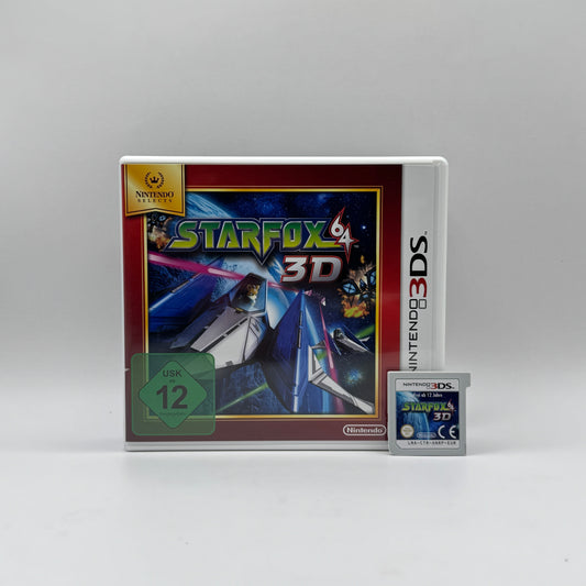 Verpackung des Nintendo 3DS-Spiels Starfox 64 3D, ein Action- und Weltraum-Shooter, in dem Spieler als Fox McCloud in seinem Arwing-Raumschiff die Lylat-Systeme gegen Feinde verteidigen.