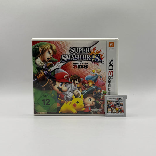 Verpackung des Nintendo 3DS-Spiels Super Smash Bros., ein Action-Kampfspiel, in dem Charaktere aus verschiedenen Nintendo-Serien in Arenen gegeneinander antreten.