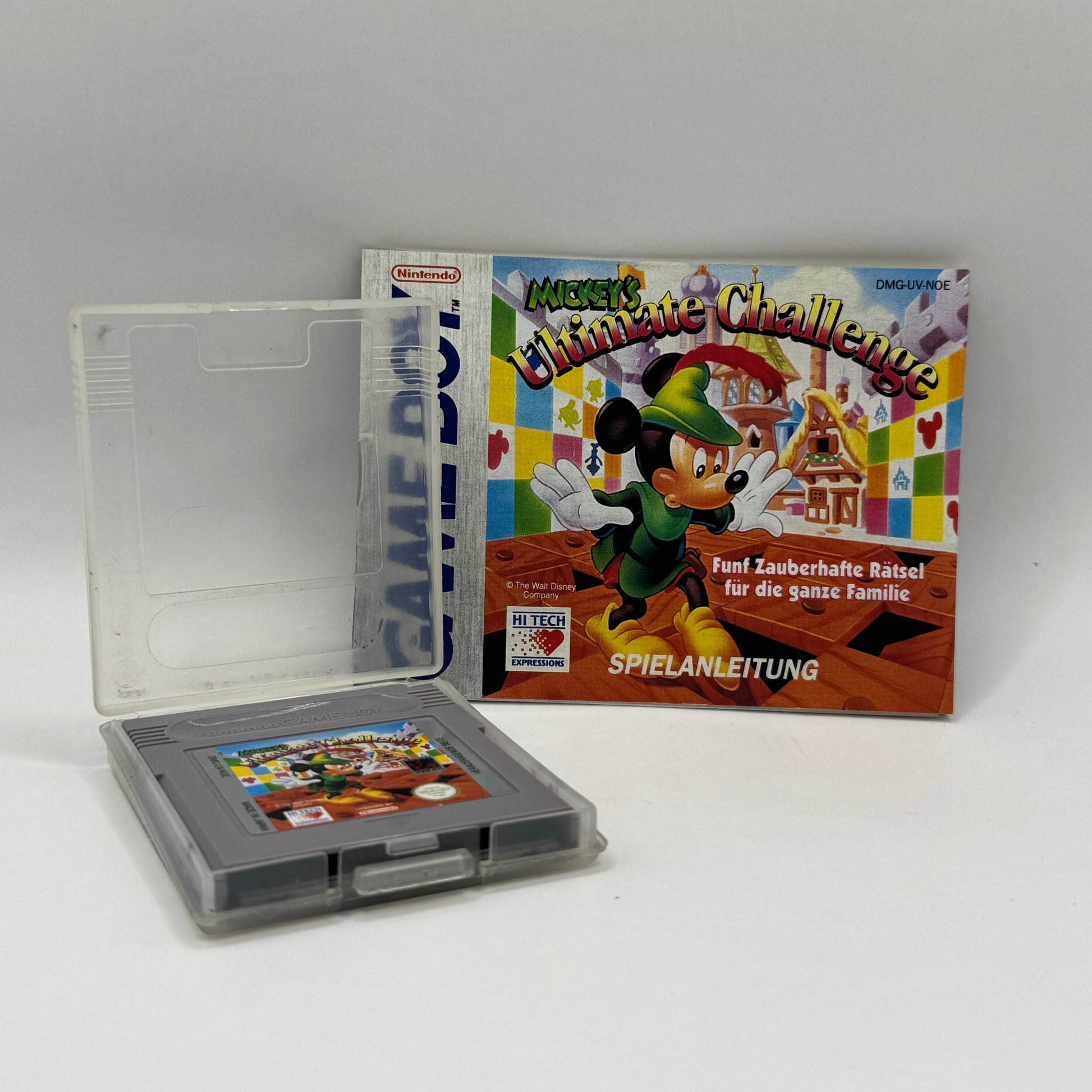 Modul des Game Boy-Spiels Mickey’s Ultimate Challenge ohne Originalhülle, ein Lern- und Puzzle-Spiel, in dem Spieler Mickey Mouse durch verschiedene Herausforderungen führen, Rätsel lösen und Aufgaben meistern.