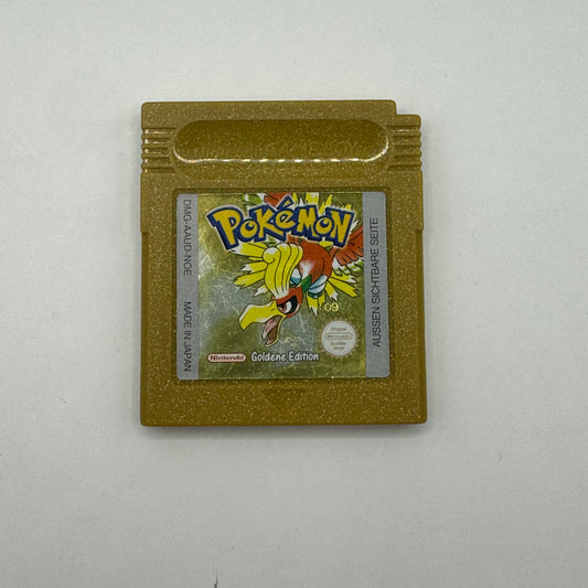 Modul des Game Boy-Spiels Pokémon Goldene Edition ohne Originalhülle, ein Rollenspiel, in dem Spieler als Trainer Pokémon fangen, trainieren und in der Johto-Region gegen andere Trainer antreten, um Pokémon-Meister zu werden.