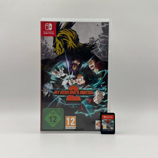 Verpackung des Nintendo Switch-Spiels My Hero One’s Justice 2, ein Kampfspiel, in dem Spieler Helden und Schurken aus dem Anime My Hero Academia steuern und in 3D-Arenen gegeneinander antreten.