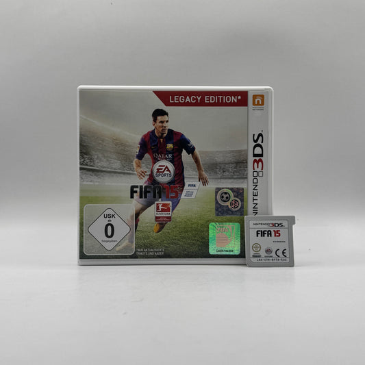 Verpackung des Nintendo 3DS-Spiels FIFA 15, ein Fußball-Simulationsspiel mit lizenzierten Teams, Spielern und verschiedenen Spielmodi.