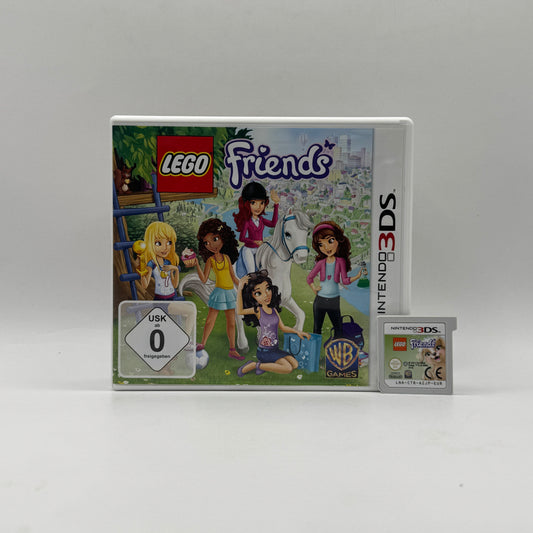 Verpackung des Nintendo 3DS-Spiels LEGO Friends, ein Abenteuerspiel im LEGO-Stil, in dem Spieler Heartlake City erkunden, Aufgaben erledigen und verschiedene Aktivitäten mit den Charakteren erleben.