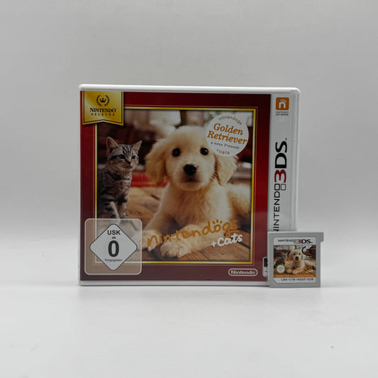 Verpackung des Nintendo 3DS-Spiels Nintendogs + Cats, ein Simulationsspiel, in dem Spieler Hunde und Katzen adoptieren, pflegen, trainieren und mit ihnen spielen können.