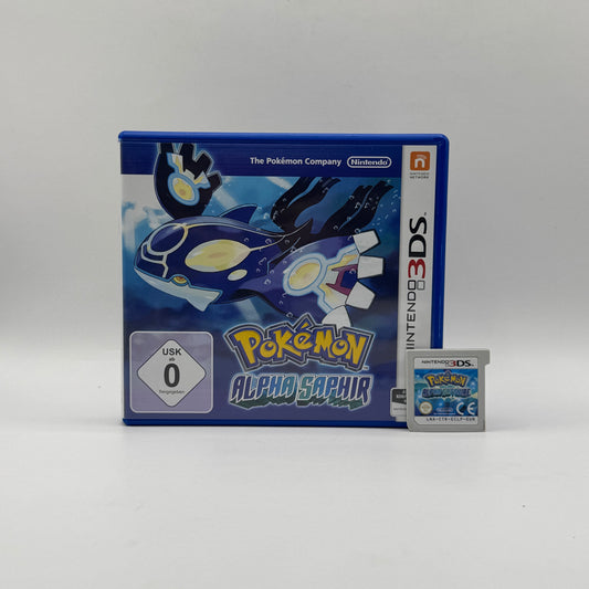 Verpackung des Nintendo 3DS-Spiels Pokémon Alpha Saphir, ein Rollenspiel, in dem Spieler Pokémon fangen, trainieren und die Hoenn-Region auf einer epischen Reise erkunden.