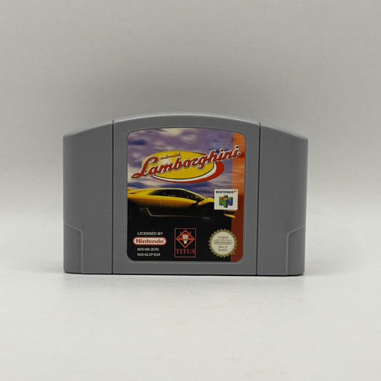 Spielmodul des Nintendo 64-Spiels Automobili Lamborghini, ein Rennspiel, in dem Spieler verschiedene Sportwagen steuern und auf abwechslungsreichen Strecken gegen die Konkurrenz antreten.