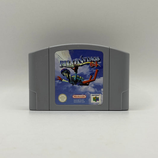Spielmodul des Nintendo 64-Spiels Pilotwings 64, eine Flugsimulation, in der Spieler verschiedene Fluggeräte steuern und abwechslungsreiche Missionen sowie Geschicklichkeitsaufgaben absolvieren.