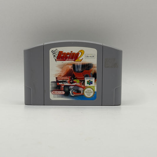 Spielmodul des Nintendo 64-Spiels F1 Racing Simulation 2, eine Formel-1-Rennsimulation, in der Spieler verschiedene Rennwagen steuern und auf internationalen Rennstrecken um Siege und Meisterschaften fahren.