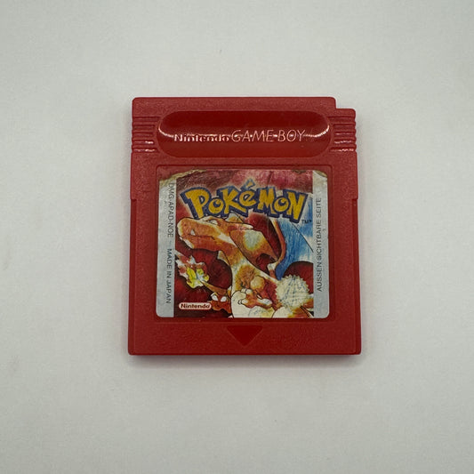 Spielmodul des Game Boy-Spiels Pokémon Rote Edition, ein Rollenspiel, in dem Spieler Pokémon fangen, trainieren und die Kanto-Region auf dem Weg zum Pokémon-Meister erkunden.