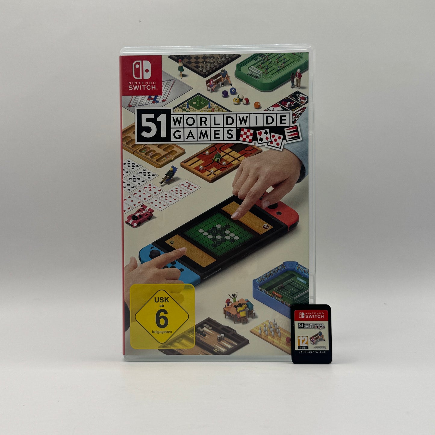 Verpackung des Switch-Spiels 51 Worldwide Games, eine Spielesammlung mit klassischen Brett-, Karten- und Gesellschaftsspielen für Einzel- und Mehrspielermodus.