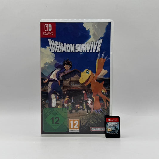 Verpackung des Nintendo Switch-Spiels Digimon Survive, ein Strategie-Rollenspiel mit Visual-Novel-Elementen, in dem Spieler Entscheidungen treffen, Digimon entwickeln und taktische Kämpfe bestreiten.