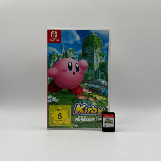 Verpackung des Switch-Spiels Kirby und das vergessene Land, ein 3D-Platformer, in dem Spieler Kirby steuern, Gegner einsaugen, Fähigkeiten nutzen und eine geheimnisvolle Welt erkunden.