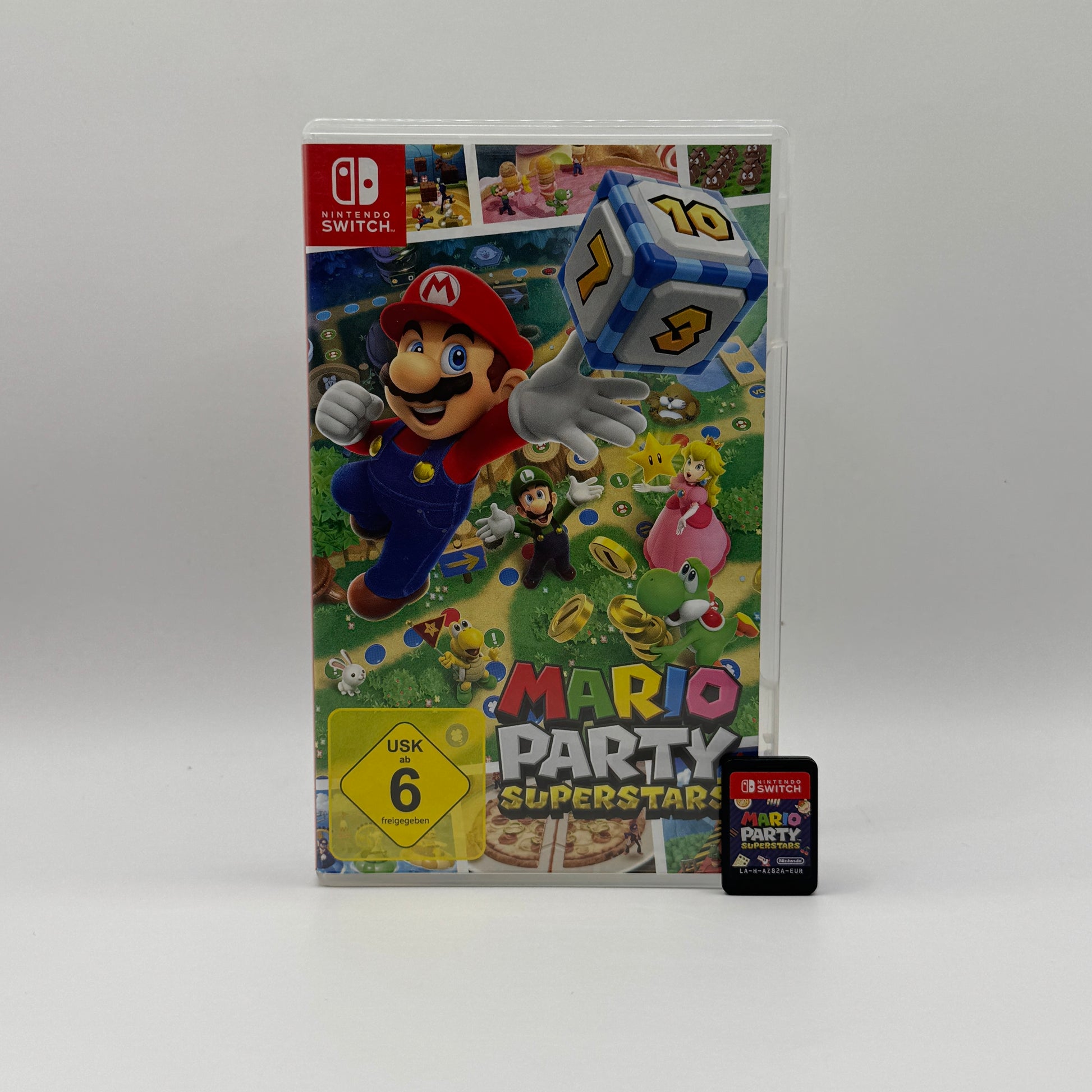 Verpackung des Switch-Spiels Mario Party Superstars, ein Partyspiel mit klassischen Spielbrettern, Minispielen und bekannten Nintendo-Charakteren, spielbar alleine oder im Mehrspielermodus.