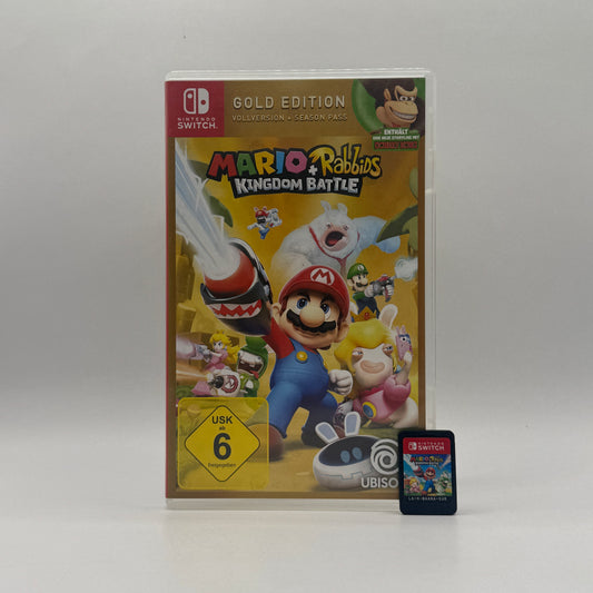 Verpackung des Switch-Spiels Mario + Rabbids Kingdom Battle – Gold Edition, ein rundenbasiertes Taktikspiel mit Mario- und Rabbids-Charakteren, inklusive aller DLCs und Zusatzinhalte.