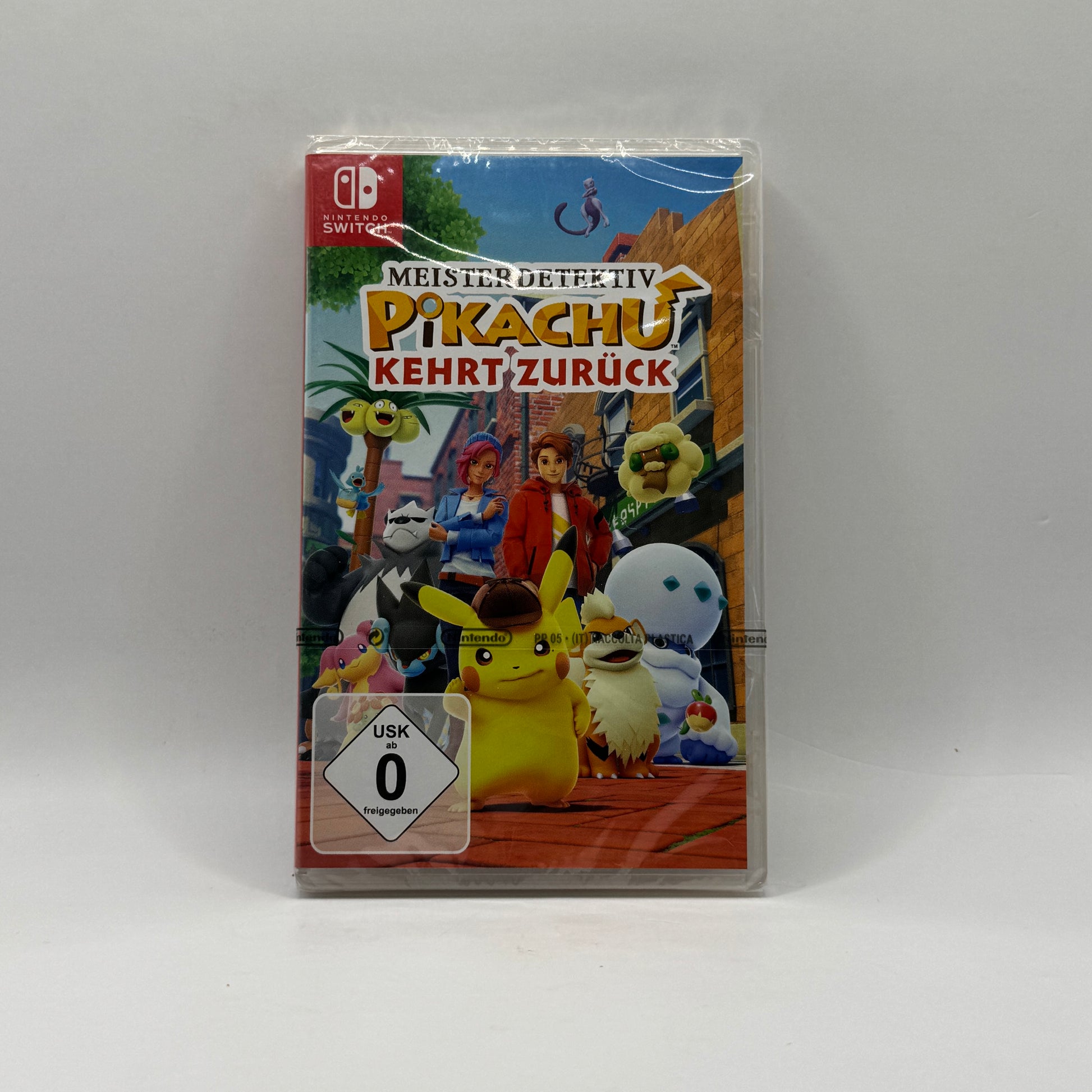 Verpackung des Nintendo Switch-Spiels Meisterdetektiv Pikachu kehrt zurück, ein Adventure, in dem Spieler gemeinsam mit Pikachu knifflige Fälle lösen, Hinweise sammeln und Rätsel in Ryme City aufklären.