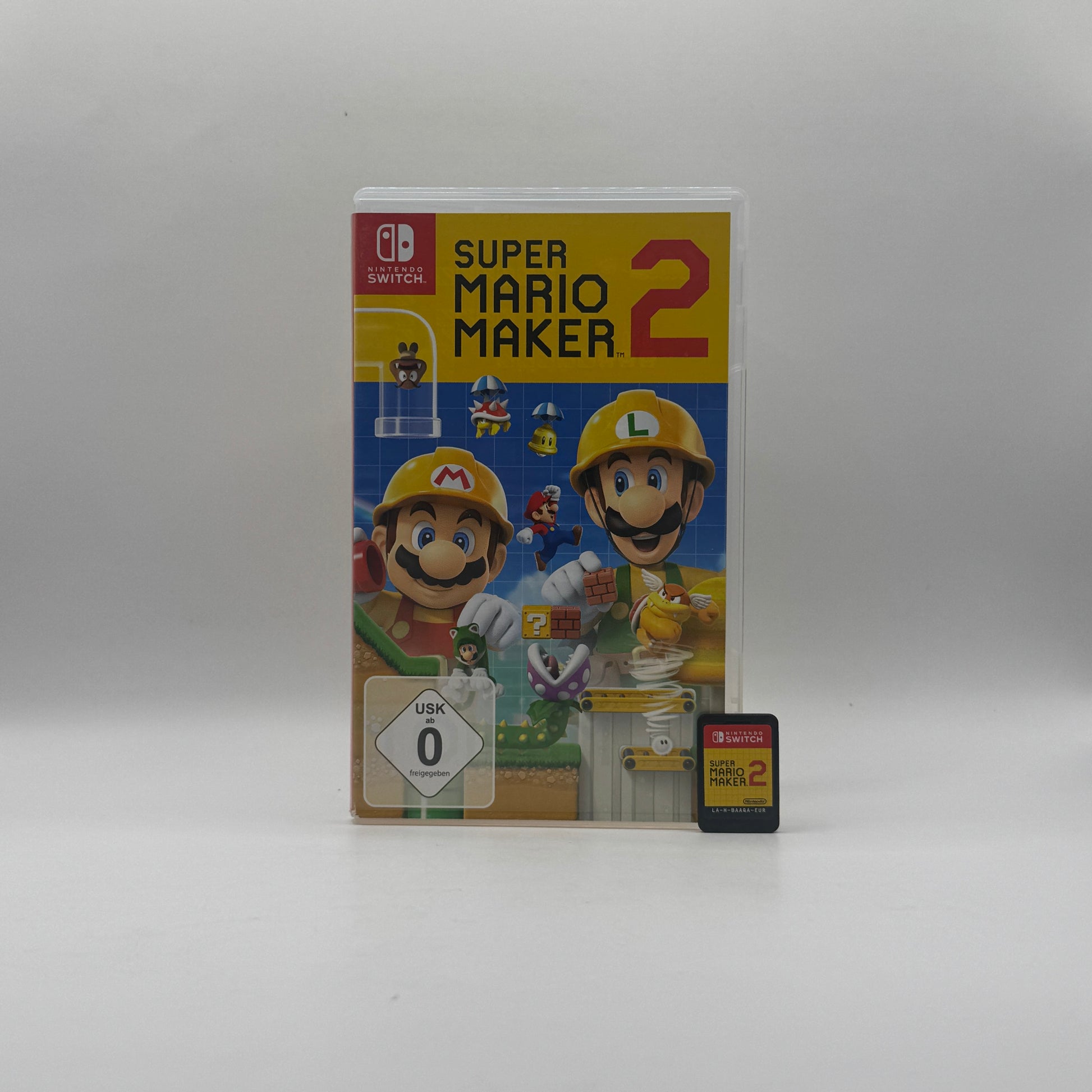 Verpackung des Switch-Spiels Super Mario Maker 2, ein Jump’n’Run- und Levelbau-Spiel, in dem Spieler eigene Mario-Level erstellen, spielen und online teilen können.
