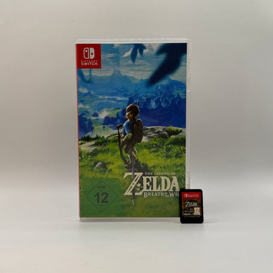 Verpackung des Switch-Spiels The Legend of Zelda: Breath of the Wild, ein Open-World-Action-Adventure, in dem Spieler als Link die Welt von Hyrule frei erkunden, Rätsel lösen, Kämpfe bestreiten und Quests absolvieren.