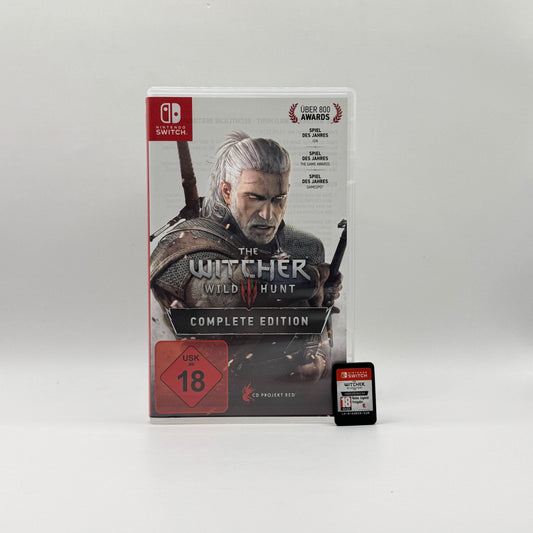 Verpackung des Switch-Spiels The Witcher 3: Wild Hunt Complete Edition, ein Open-World-Rollenspiel, in dem Spieler als Hexer Geralt von Riva Monster jagen, Quests erfüllen und Entscheidungen in einer detailreichen Fantasy-Welt treffen.