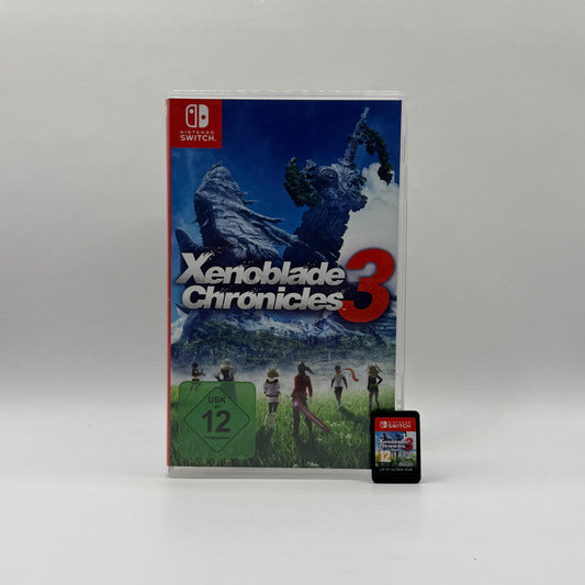 Verpackung des Switch-Spiels Xenoblade Chronicles 3, ein Action-Rollenspiel, in dem Spieler eine offene Fantasy-Welt erkunden, Kämpfe bestreiten und eine epische Geschichte erleben.