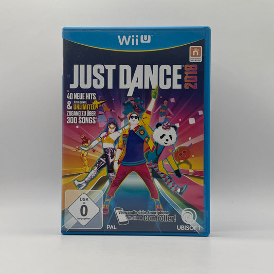 Verpackung des Wii U-Spiels Just Dance 2018, ein Tanz- und Musikspiel, in dem Spieler Choreografien zu aktuellen Hits nachtanzen und Punkte sammeln.