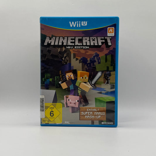 Verpackung des Wii U-Spiels Minecraft, ein Sandbox-Spiel, in dem Spieler Blöcke abbauen, bauen, Ressourcen sammeln und kreative oder Überlebensmodi erleben.