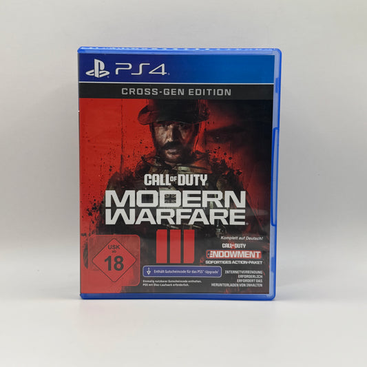 Verpackung des PS4-Spiels Call of Duty: Modern Warfare 3 Cross-Gen Edition, ein Ego-Shooter, in dem Spieler Kampfeinsätze in verschiedenen globalen Szenarien absolvieren, Einzelspieler- und Mehrspielermodi erleben.