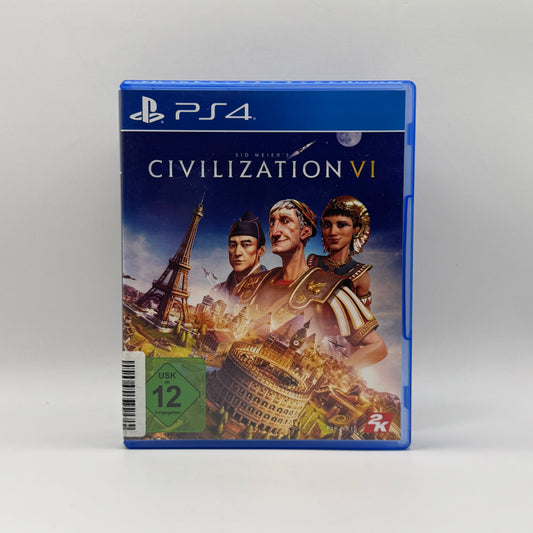 Verpackung des PS4-Spiels Civilization VI, ein rundenbasiertes Strategiespiel, in dem Spieler Zivilisationen aufbauen, Städte entwickeln, Technologien erforschen und diplomatische sowie militärische Entscheidungen treffen, um die Welt zu dominieren.