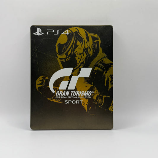 Steelbook-Verpackung des PS4-Spiels Gran Turismo Sport, ein Rennspiel, in dem Spieler realistische Fahrzeuge steuern, an Rennen teilnehmen und ihre Fahrkünste auf verschiedenen Strecken testen.