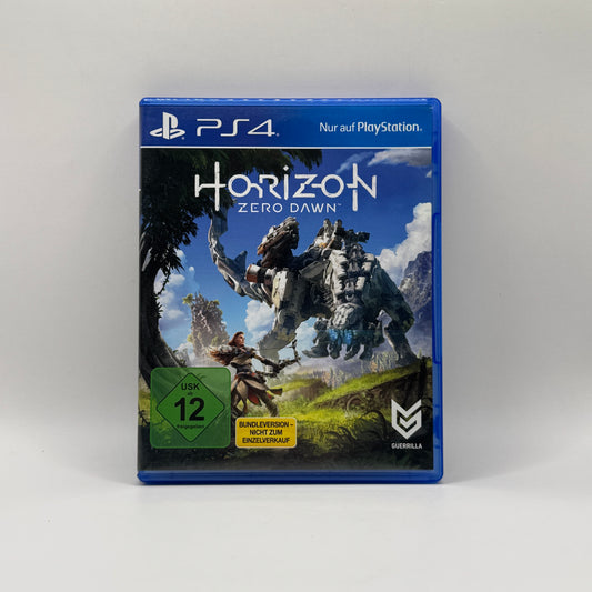 Verpackung des PS4-Spiels Horizon Zero Dawn, ein Action-Rollenspiel, in dem Spieler als Aloy eine postapokalyptische Welt voller Maschinenwesen erkunden, Quests absolvieren und Kämpfe bestreiten.