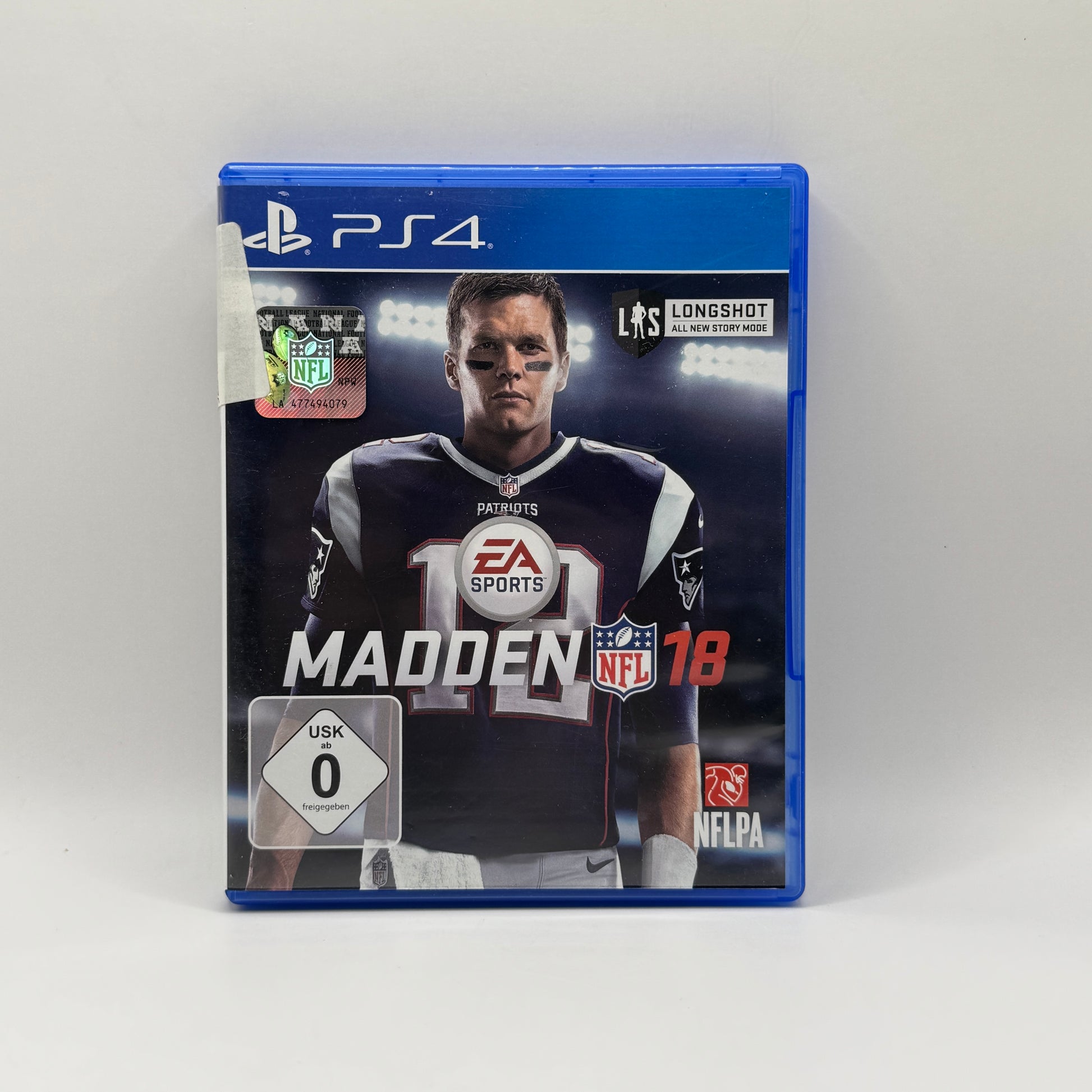 Verpackung des PS4-Spiels Madden NFL 18, ein Sportspiel, in dem Spieler NFL-Teams steuern, Matches austragen und Strategien auf dem Football-Feld umsetzen.