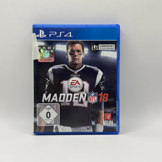 Verpackung des PS4-Spiels Madden NFL 18, ein Sportspiel, in dem Spieler NFL-Teams steuern, Matches austragen und Strategien auf dem Football-Feld umsetzen.