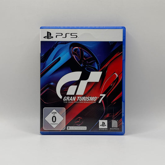 Verpackung des PS5-Spiels Gran Turismo 7, ein realistisches Rennspiel, in dem Spieler Fahrzeuge steuern, Rennen auf verschiedenen Strecken fahren und ihre Autos individuell anpassen können.