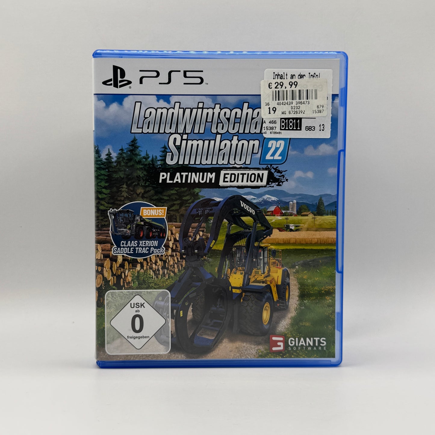 Verpackung des PS5-Spiels Landwirtschafts-Simulator 22 Platinum Edition, ein Simulationsspiel, in dem Spieler landwirtschaftliche Betriebe führen, Felder bestellen, Tiere versorgen und moderne Landmaschinen einsetzen.