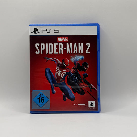 Verpackung des PS5-Spiels Spider-Man 2, ein Action-Adventure, in dem Spieler als Spider-Man durch New York City schwingen, Missionen erfüllen und gegen Superschurken kämpfen.