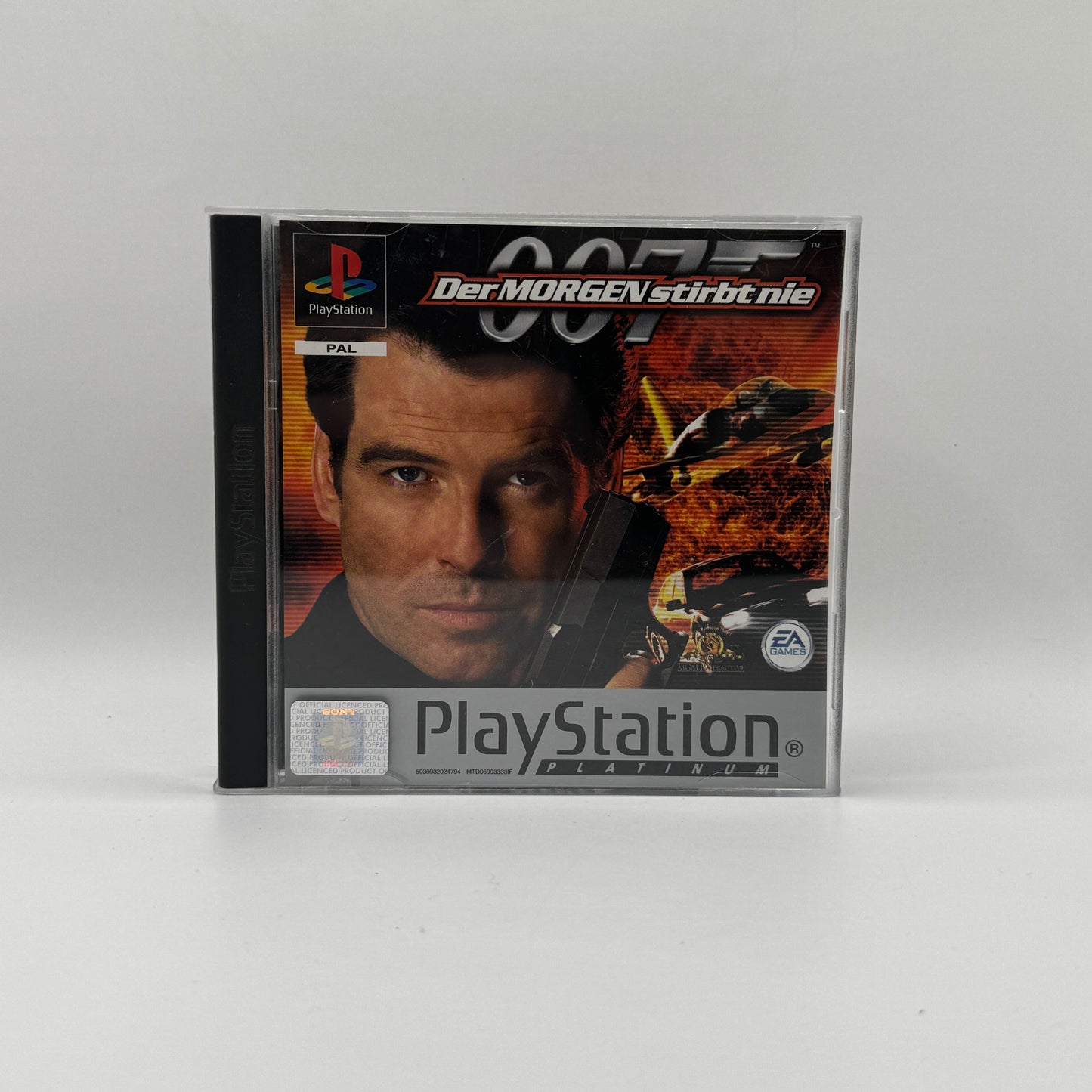 Verpackung des PS1-Spiels 007: Der Morgen stirbt nie, ein Action-Adventure basierend auf dem James-Bond-Film, mit Schleichmissionen, Shootouts und Agenten-Gadgets.