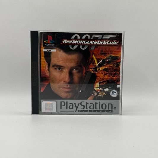 Verpackung des PS1-Spiels 007: Der Morgen stirbt nie, ein Action-Adventure basierend auf dem James-Bond-Film, mit Schleichmissionen, Shootouts und Agenten-Gadgets.