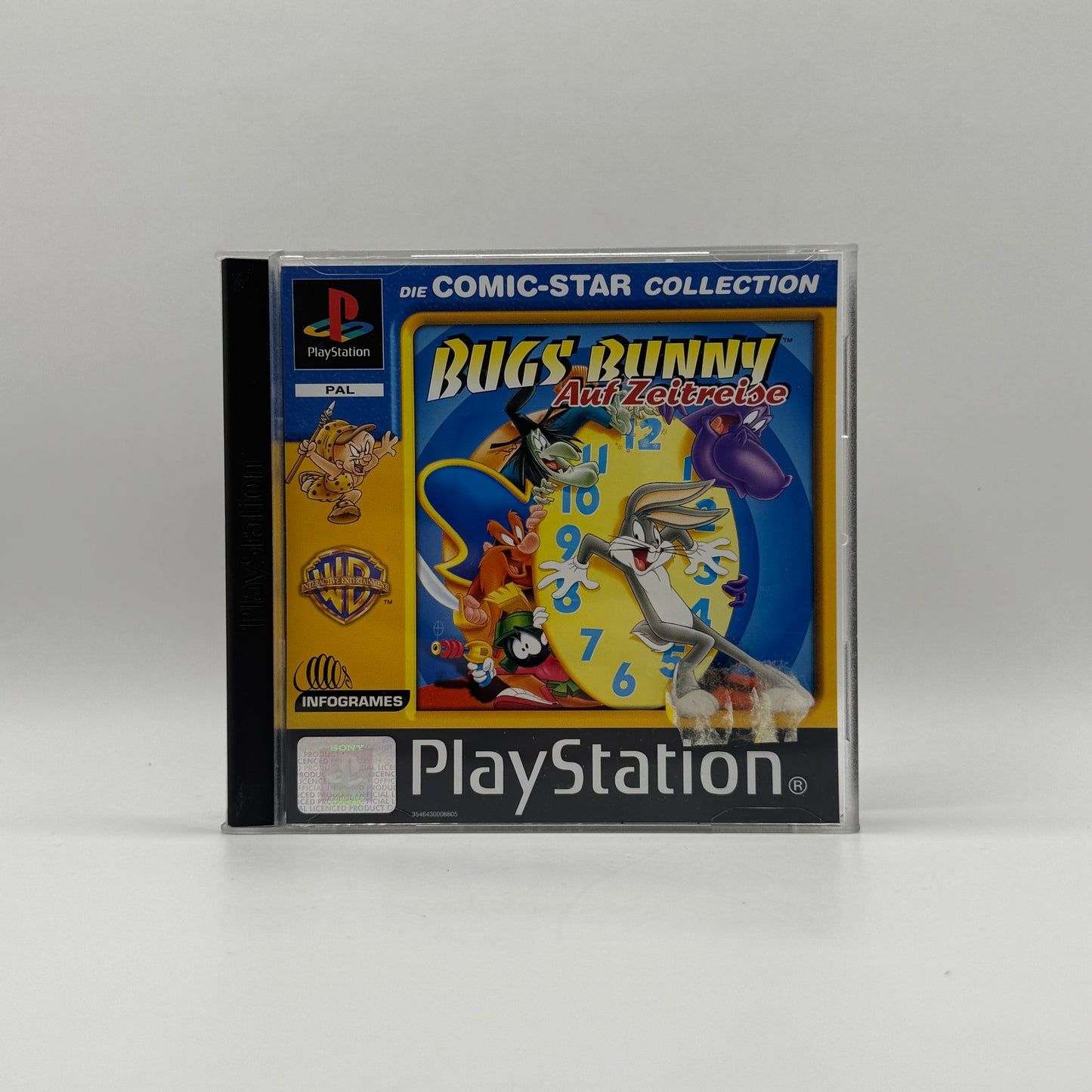 Verpackung des PS1-Spiels Bugs Bunny: Auf Zeitreise, ein 3D-Jump’n’Run, in dem Spieler Bugs Bunny durch verschiedene Zeitepochen steuern, Rätsel lösen und Gegner überwinden.